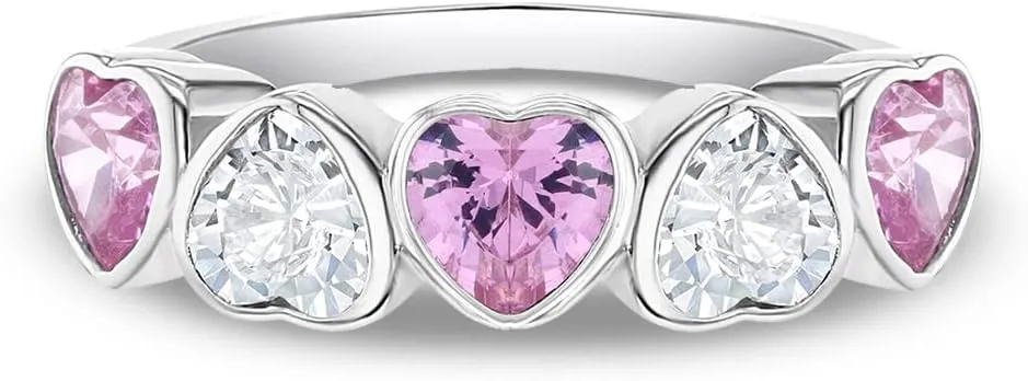 925 Sterling Silver Pink & Clear Hearts Cubic Zirconia Ring for Young Girls & Preteens - Cute Heart CZ Ring Band for Children's Daily Accessory - Fashionable Jewelries for Toddlers or Little Girls