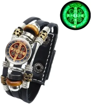 925 Sterling Silver San Benito Bracelet For Men - Luminous St Benedict Bracelets Leather Catholic San Benito Snap Button Bangles Multilayer Wristband, Rosario De San Benito, Pulseras De San Benito