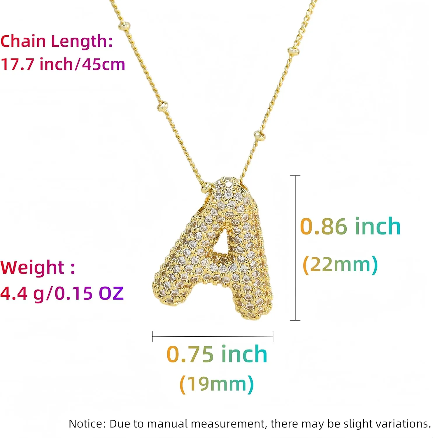 A1-A Bubble Letter Necklace Sparkling Crystal Cubic Zirconia- A-Z, Fluffy Name, Personalized Script Initial Necklace, Balloon Initial Necklace for Women, 18K Gold-Plated Brass Material.