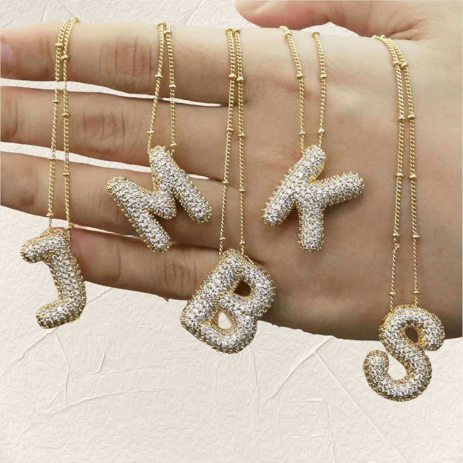 A1-A Bubble Letter Necklace Sparkling Crystal Cubic Zirconia- A-Z, Fluffy Name, Personalized Script Initial Necklace, Balloon Initial Necklace for Women, 18K Gold-Plated Brass Material.