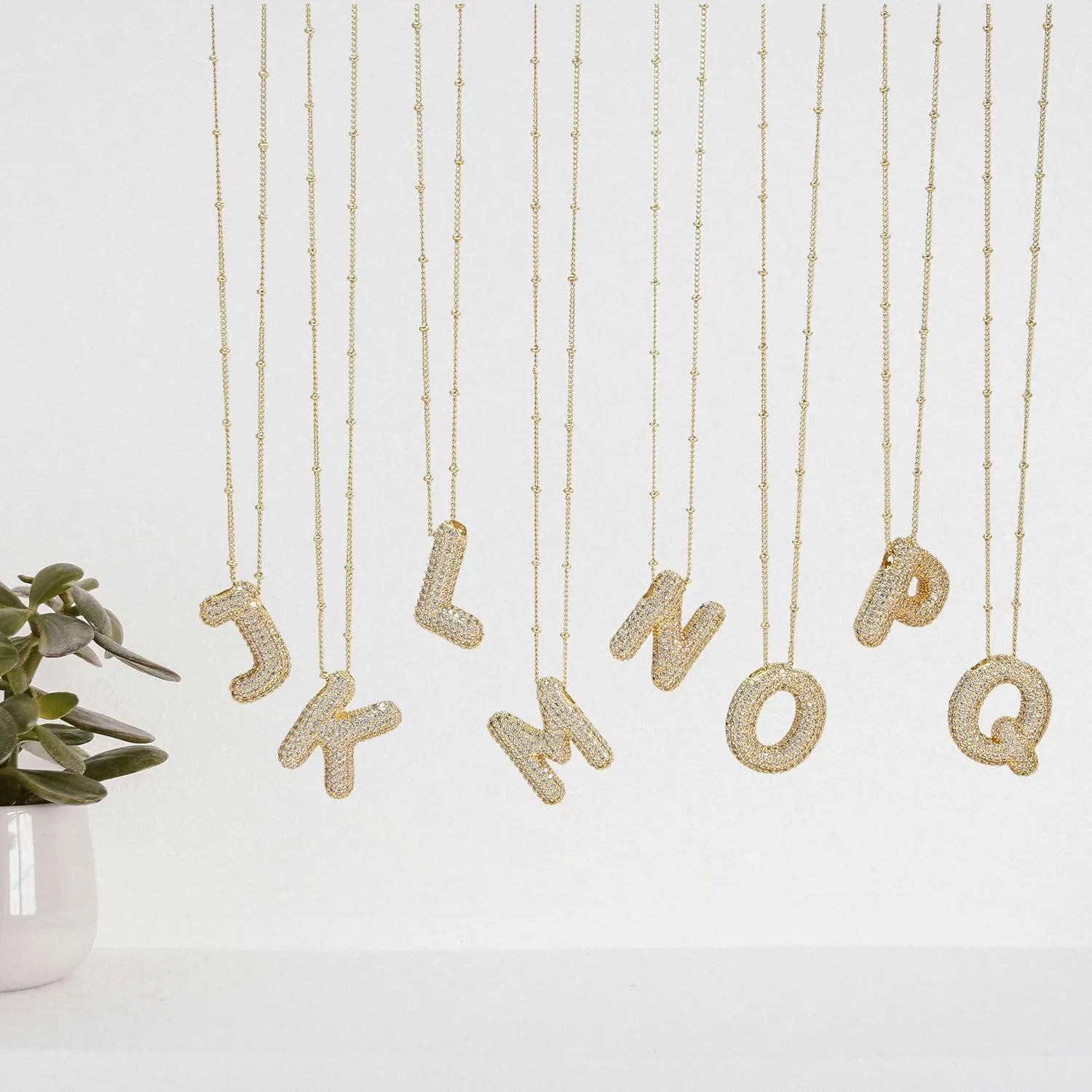 A1-A Bubble Letter Necklace Sparkling Crystal Cubic Zirconia- A-Z, Fluffy Name, Personalized Script Initial Necklace, Balloon Initial Necklace for Women, 18K Gold-Plated Brass Material.