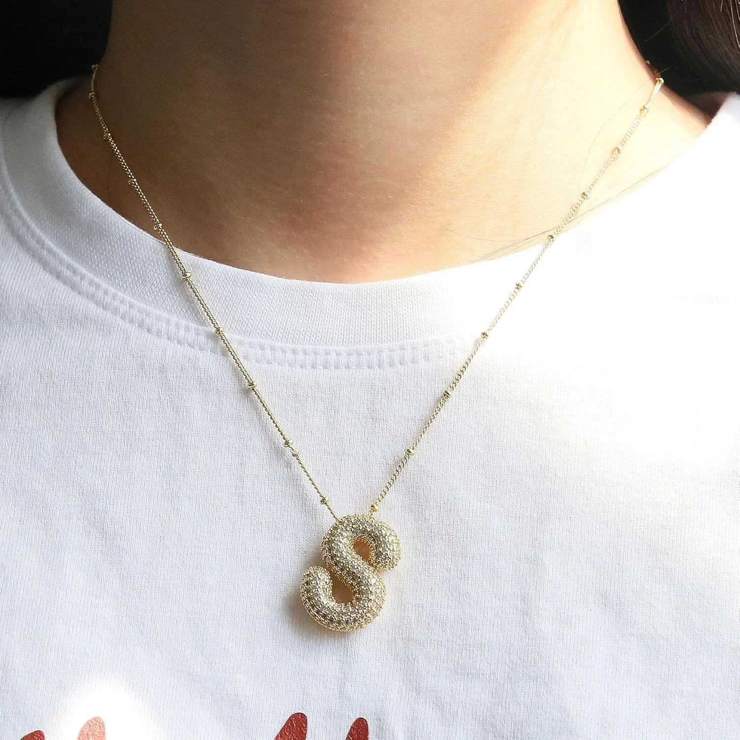 A1-A Bubble Letter Necklace Sparkling Crystal Cubic Zirconia- A-Z, Fluffy Name, Personalized Script Initial Necklace, Balloon Initial Necklace for Women, 18K Gold-Plated Brass Material.