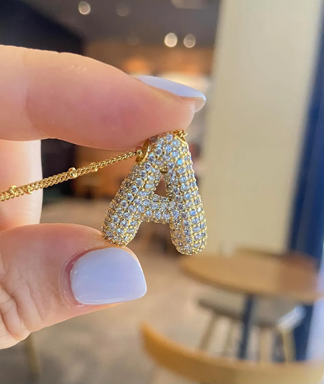 A1-A Bubble Letter Necklace Sparkling Crystal Cubic Zirconia- A-Z, Fluffy Name, Personalized Script Initial Necklace, Balloon Initial Necklace for Women, 18K Gold-Plated Brass Material.