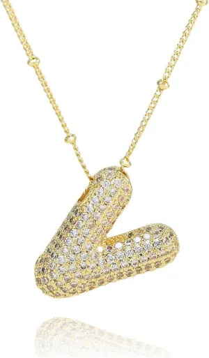 A1-A Bubble Letter Necklace Sparkling Crystal Cubic Zirconia- A-Z, Fluffy Name, Personalized Script Initial Necklace, Balloon Initial Necklace for Women, 18K Gold-Plated Brass Material.