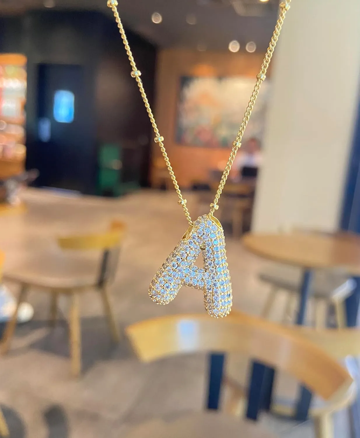 A1-A Bubble Letter Necklace Sparkling Crystal Cubic Zirconia- A-Z, Fluffy Name, Personalized Script Initial Necklace, Balloon Initial Necklace for Women, 18K Gold-Plated Brass Material.