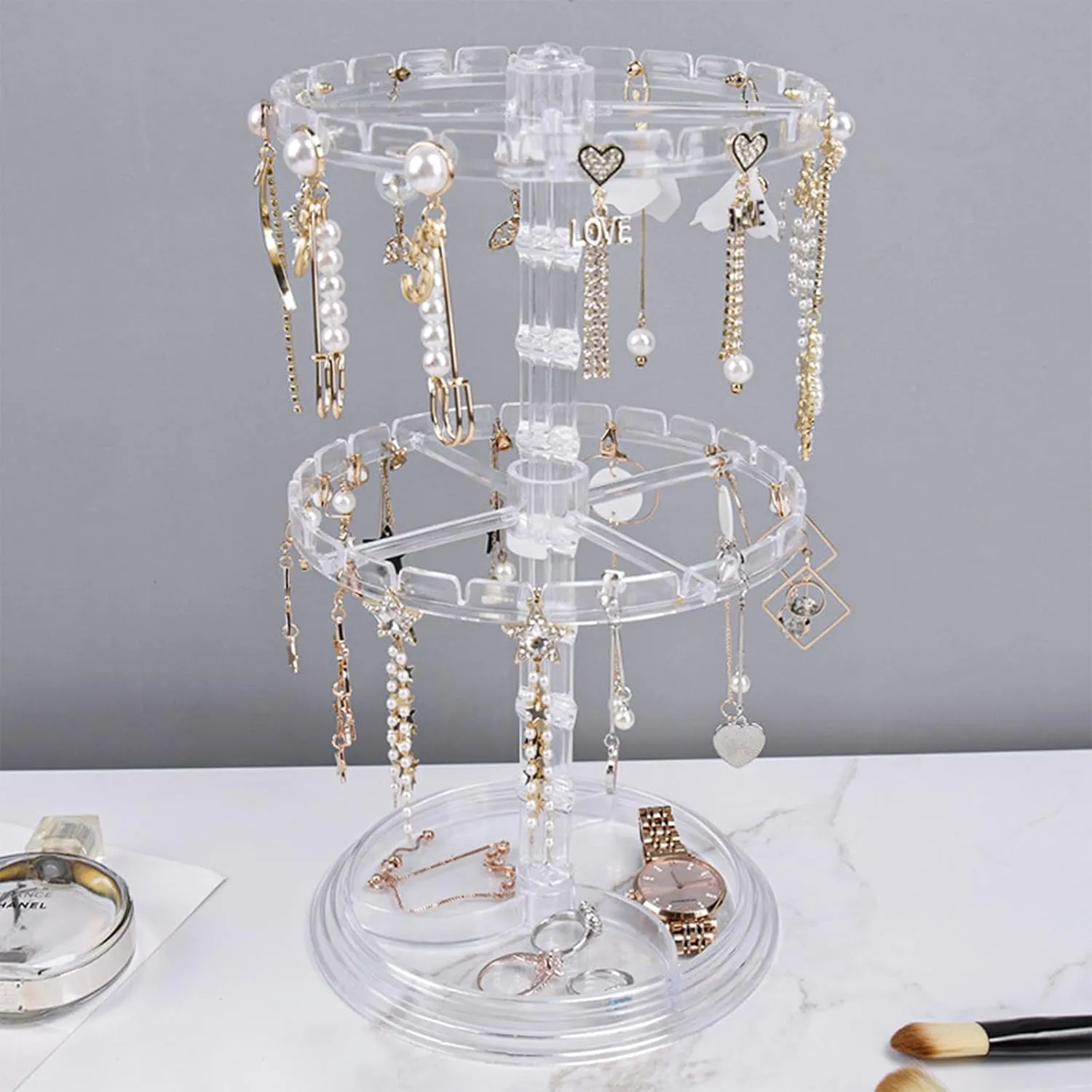 Acrylic Jewelry Stand Rotating Necklace Organizer, Clear 2-Tier Adjustable Necklace Holder with 48 Hooks, Bangles Necklaces Rings Earrings Spinning Display Stand Tree Tower for Women Girl White
