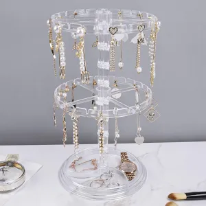 Acrylic Jewelry Stand Rotating Necklace Organizer, Clear 2-Tier Adjustable Necklace Holder with 48 Hooks, Bangles Necklaces Rings Earrings Spinning Display Stand Tree Tower for Women Girl White