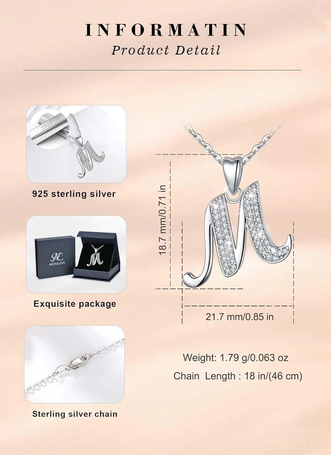 AEONSLOVE 925 Sterling Silver Initial Necklaces for Women, 26 Letters Pendants Necklace Gift for Mother, Daughter, Wife, 18 Inch Chain
