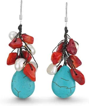 AeraVida Boho Stunning Simulated Blue Turquoise with Natural Stones Cultured Freshwater White Pearl .925 Sterling Silver Dangle Earrings Accessories Summer Wear for Woman