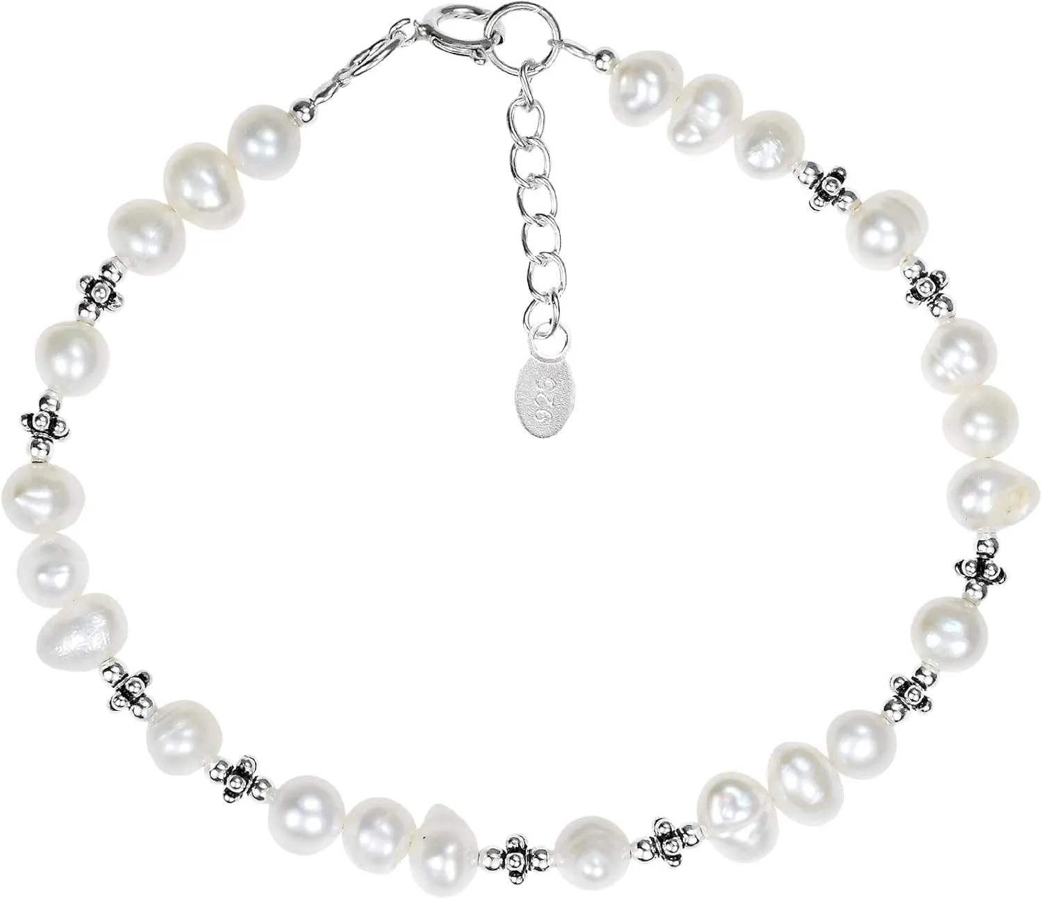 Aeravida Stunning Bridal White Strand of Culture Freshwater Pearls & .925 Sterling Silver Bracelet | Culture Freshwater White Pearl Bracelet for Women | .925 Sterling Silver Bracelet | Stunning White Pearl Bracelet for Women