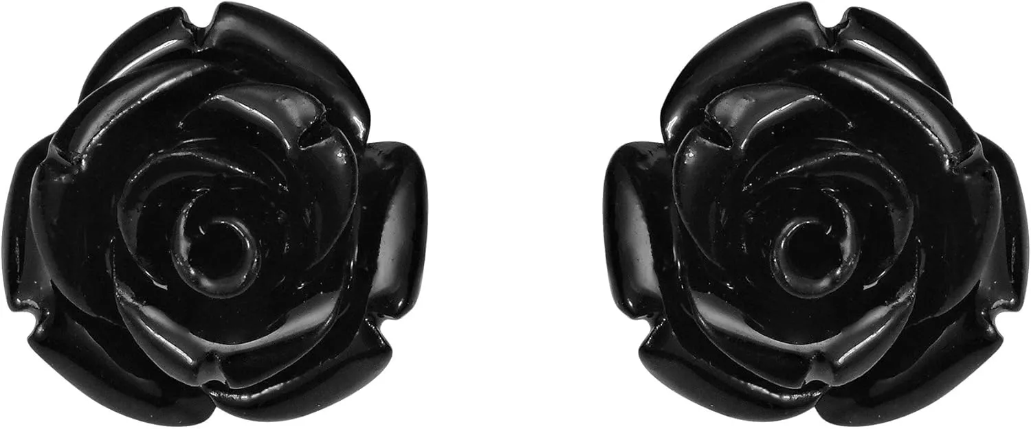AeraVida Trendy and Stunning Goth Inspired Black Rose Carved Resin on .925 Sterling Silver Studs Floral Earrings | Black Goth Earrings for Women
