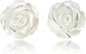 AeraVida White Mother of Pearl Stud Earrings | 925 Sterling Silver | Elegant Carved Floral Earrings | Classic Pearl Jewelry for Women | Lightweight & Timeless