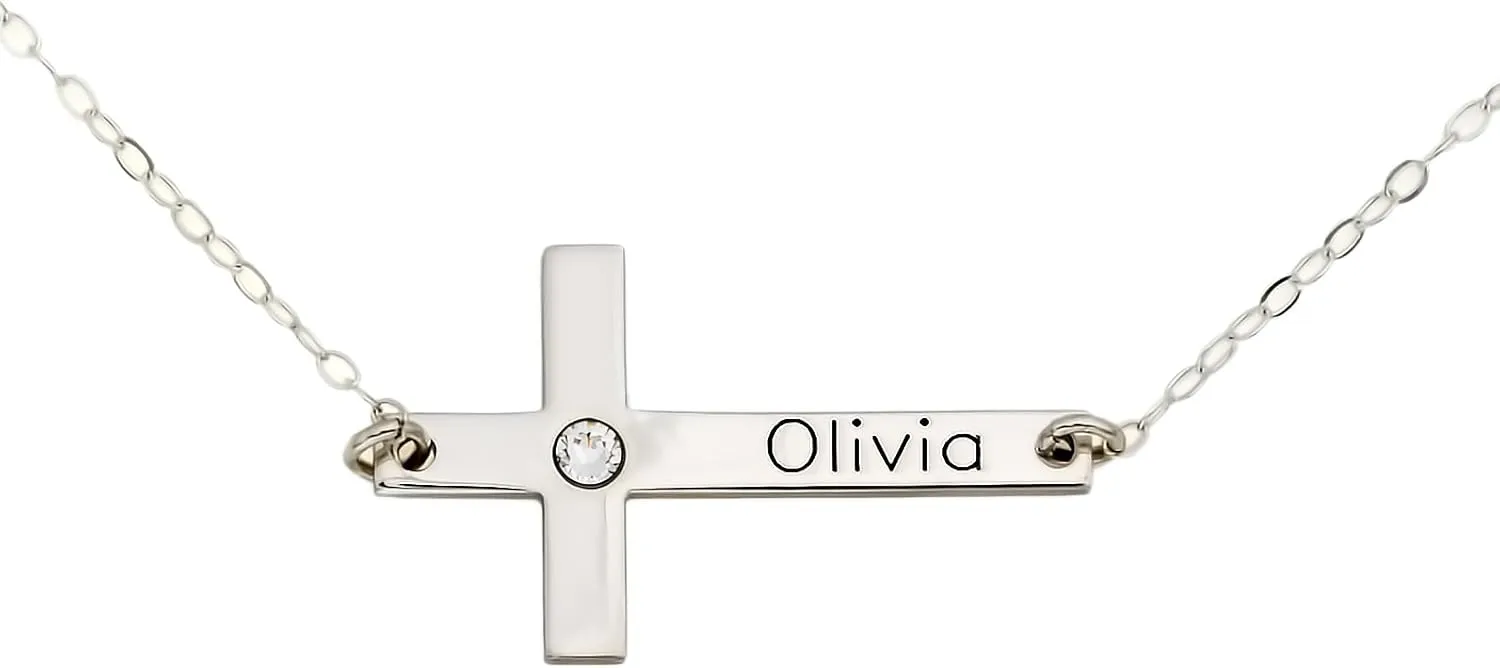 AJ's Collection Personalized Cross Necklace With Birthstone Setting. Upto 9 Characters. Choice of 925 Chain. Gifts for Her