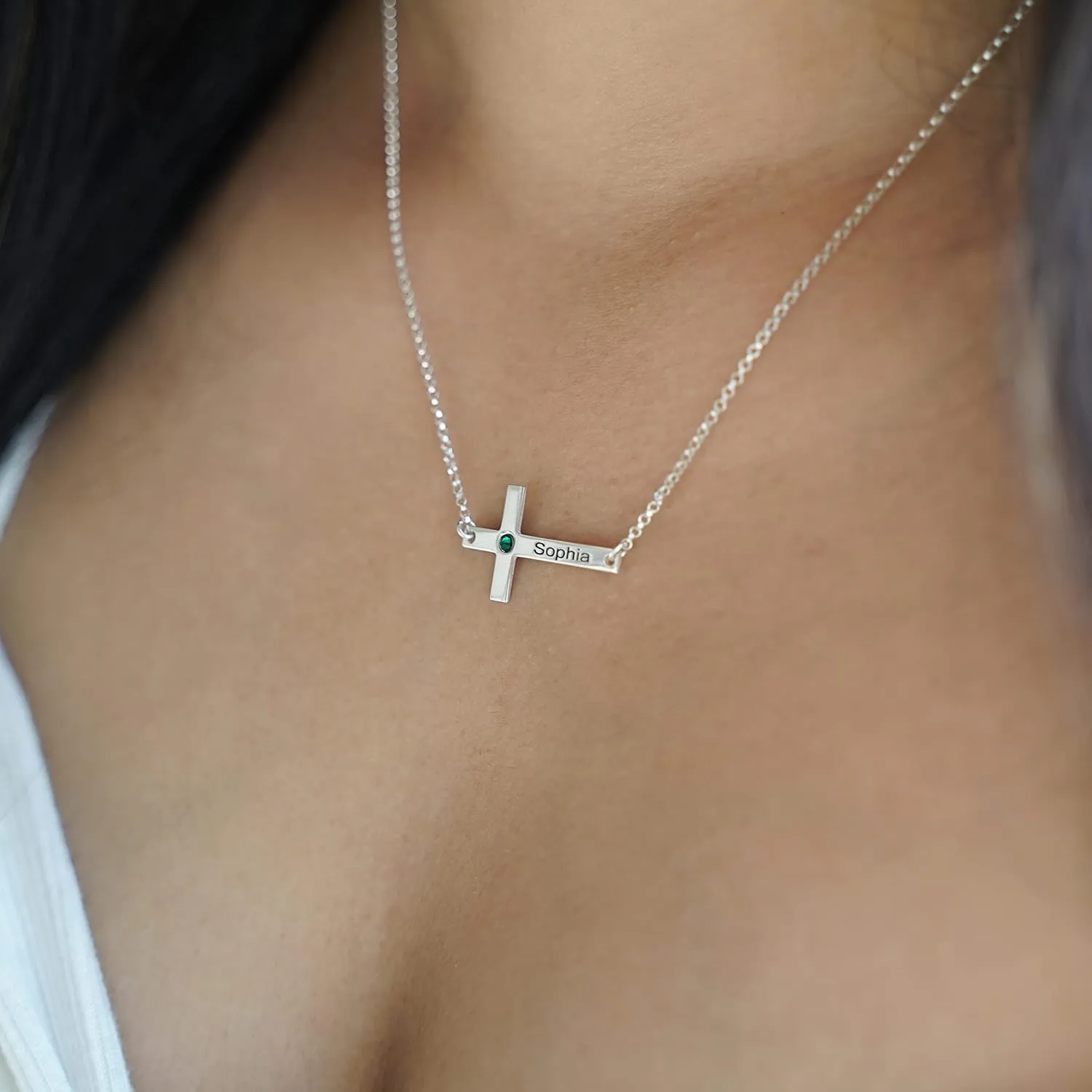 AJ's Collection Personalized Cross Necklace With Birthstone Setting. Upto 9 Characters. Choice of 925 Chain. Gifts for Her
