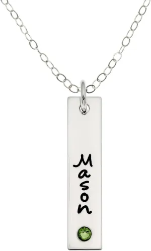 AJ's Collection Personalized Rectangle Nametag Sterling Silver Necklace With Birthstone Setting. Customize a Rectangle Charm. Choice of Sterling Silver Chain. Gift For All. Makes Great Birthday Gift.