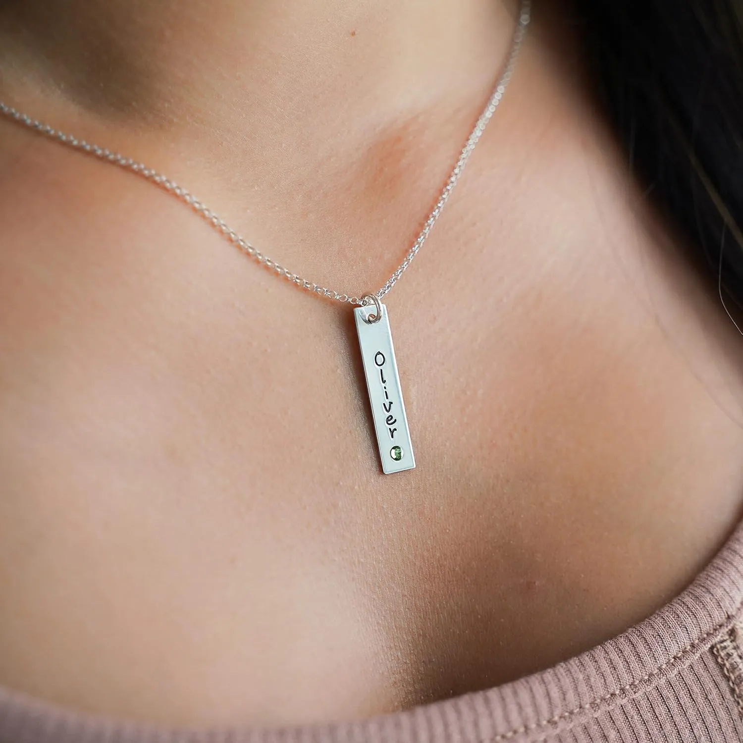 AJ's Collection Personalized Rectangle Nametag Sterling Silver Necklace With Birthstone Setting. Customize a Rectangle Charm. Choice of Sterling Silver Chain. Gift For All. Makes Great Birthday Gift.