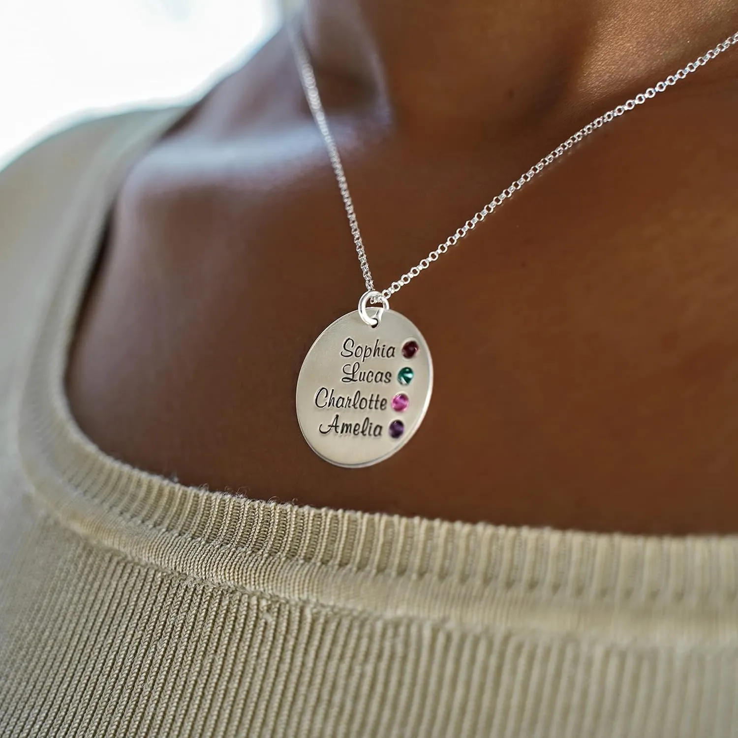 AJ's Collection Personalized Round Four Stacked Names Sterling Silver Necklace With Birthstone Setting. Customize a Round Charm. Choice of Sterling Silver Chain. Gift For Her and All Occasions