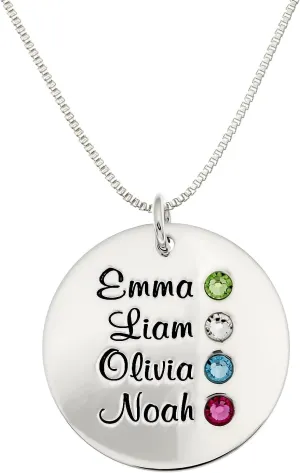 AJ's Collection Personalized Round Four Stacked Names Sterling Silver Necklace With Birthstone Setting. Customize a Round Charm. Choice of Sterling Silver Chain. Gift For Her and All Occasions