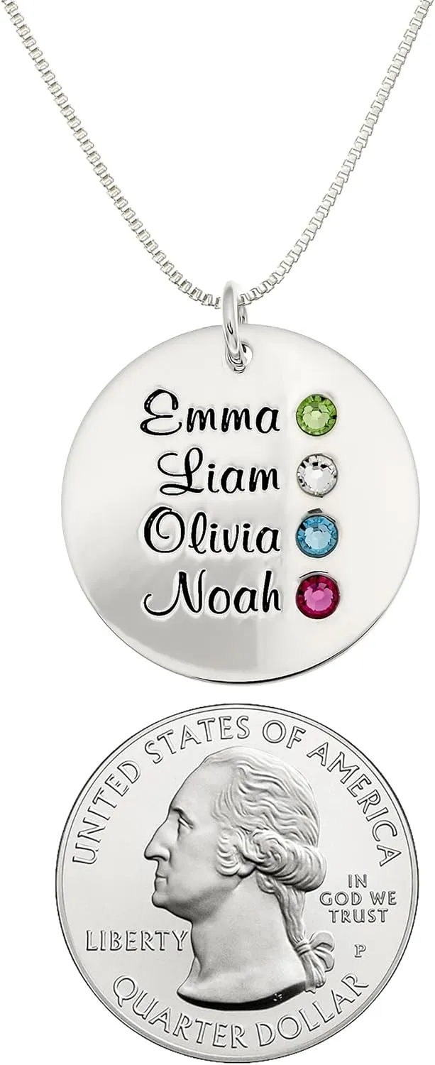 AJ's Collection Personalized Round Four Stacked Names Sterling Silver Necklace With Birthstone Setting. Customize a Round Charm. Choice of Sterling Silver Chain. Gift For Her and All Occasions