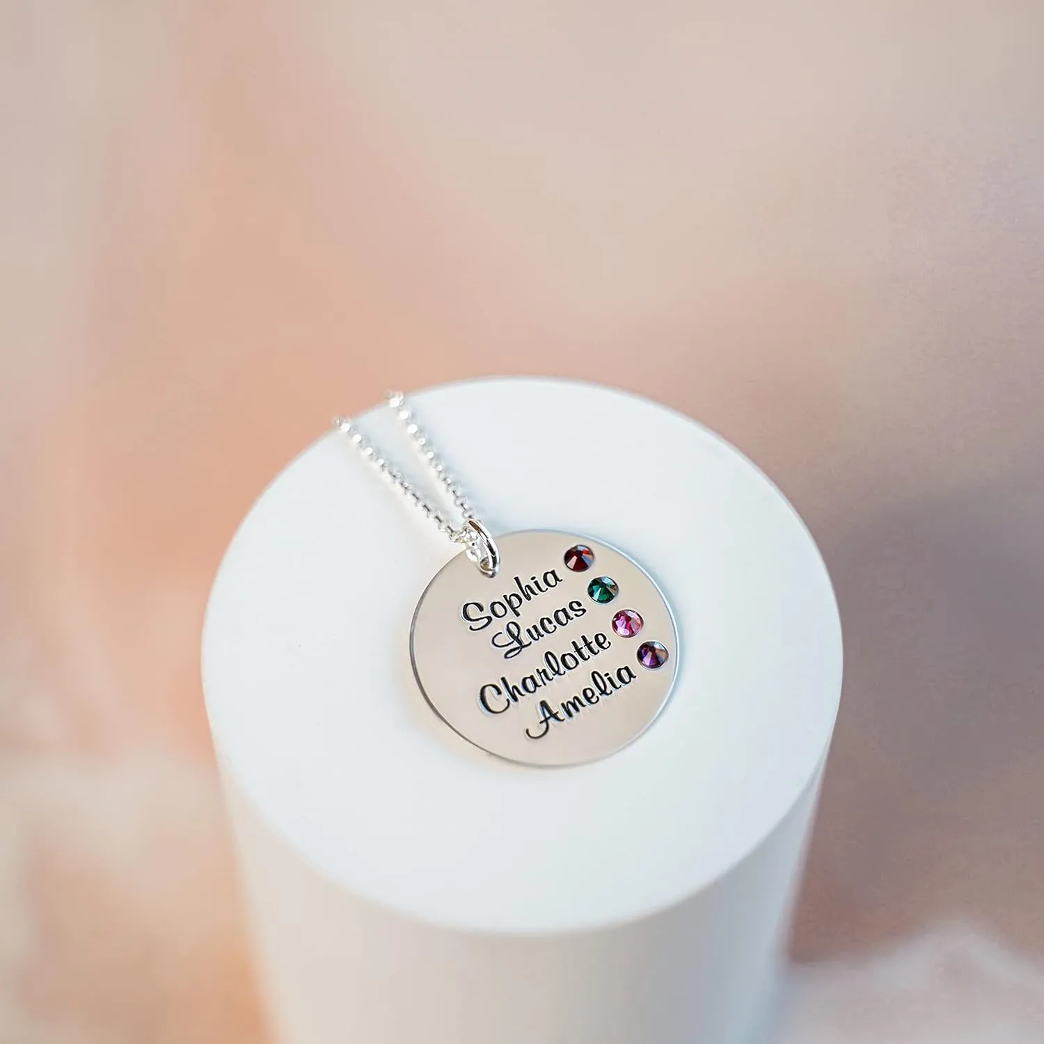 AJ's Collection Personalized Round Four Stacked Names Sterling Silver Necklace With Birthstone Setting. Customize a Round Charm. Choice of Sterling Silver Chain. Gift For Her and All Occasions