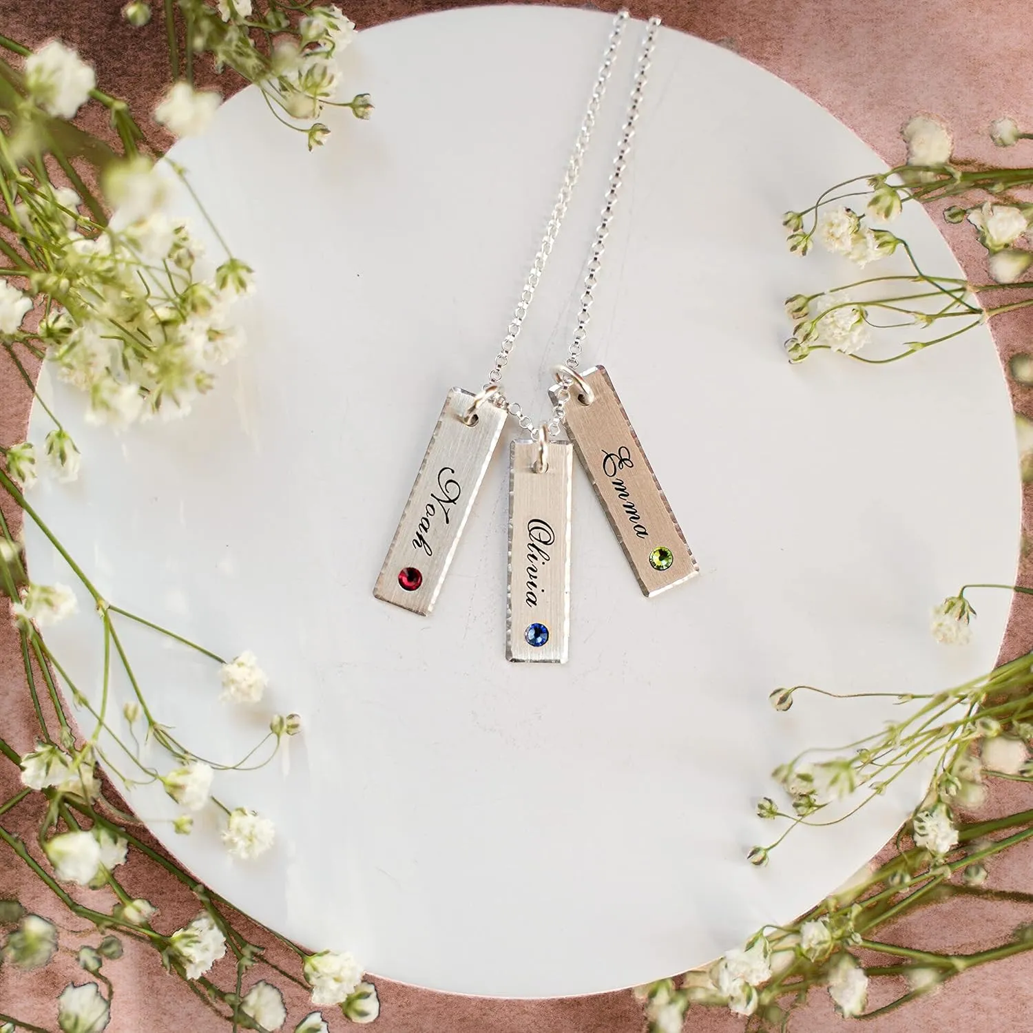 AJ's Collection Unity in Three with Crystal Birthstone Setting Personalized Charm Necklace. Customized Pendants with Names of Your Choice. Choose Up to 3 Birthstones, and 925 Chain. Gifts for Her