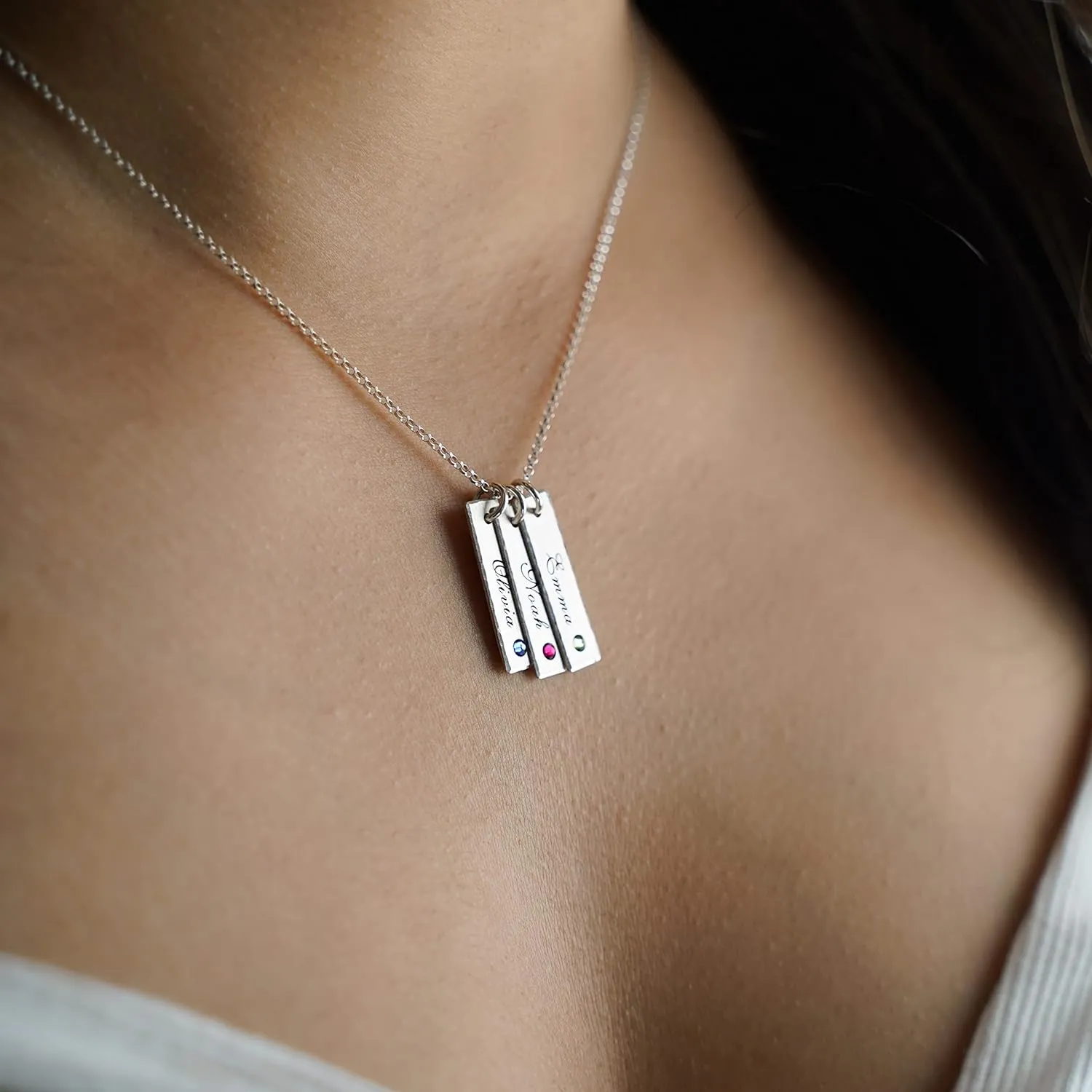 AJ's Collection Unity in Three with Crystal Birthstone Setting Personalized Charm Necklace. Customized Pendants with Names of Your Choice. Choose Up to 3 Birthstones, and 925 Chain. Gifts for Her
