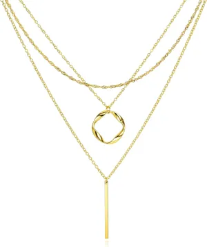 Akeoqi Layered Necklaces 14K Gold Plated Twisted Circle Coin Bar Pendant Necklace Stackable Paperclip Rope Cuban Chain Choker Necklace for Women Jewelry Gifts Gold Tone