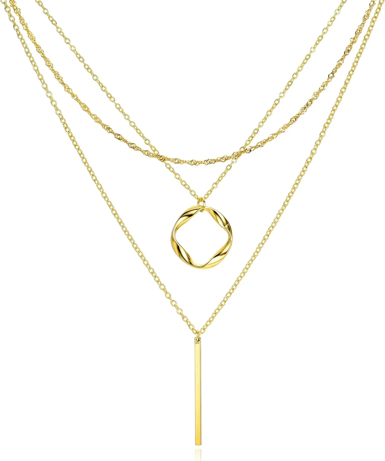 Akeoqi Layered Necklaces 14K Gold Plated Twisted Circle Coin Bar Pendant Necklace Stackable Paperclip Rope Cuban Chain Choker Necklace for Women Jewelry Gifts Gold Tone