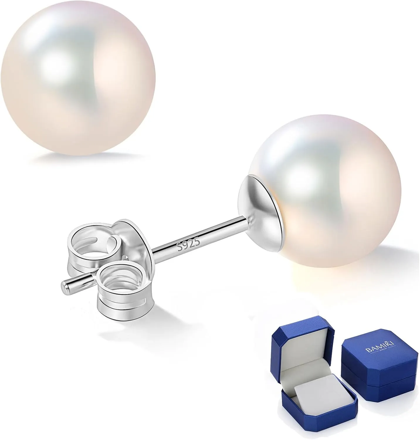Akoya Cultured Pearl Earrings Round  925 Sterling Silver Hypoallergenic Pearl Studs for Women