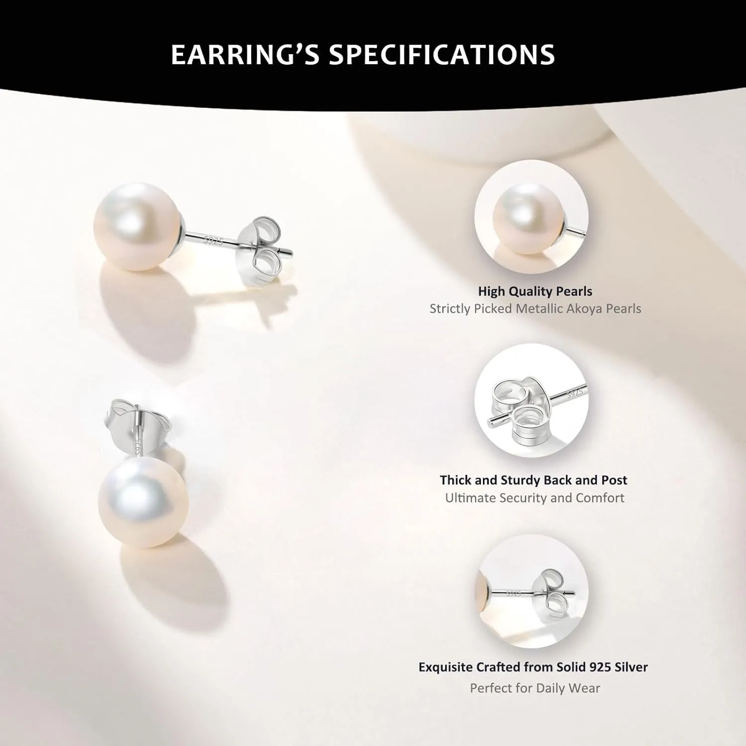 Akoya Cultured Pearl Earrings Round  925 Sterling Silver Hypoallergenic Pearl Studs for Women