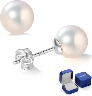 Akoya Cultured Pearl Earrings Round  925 Sterling Silver Hypoallergenic Pearl Studs for Women