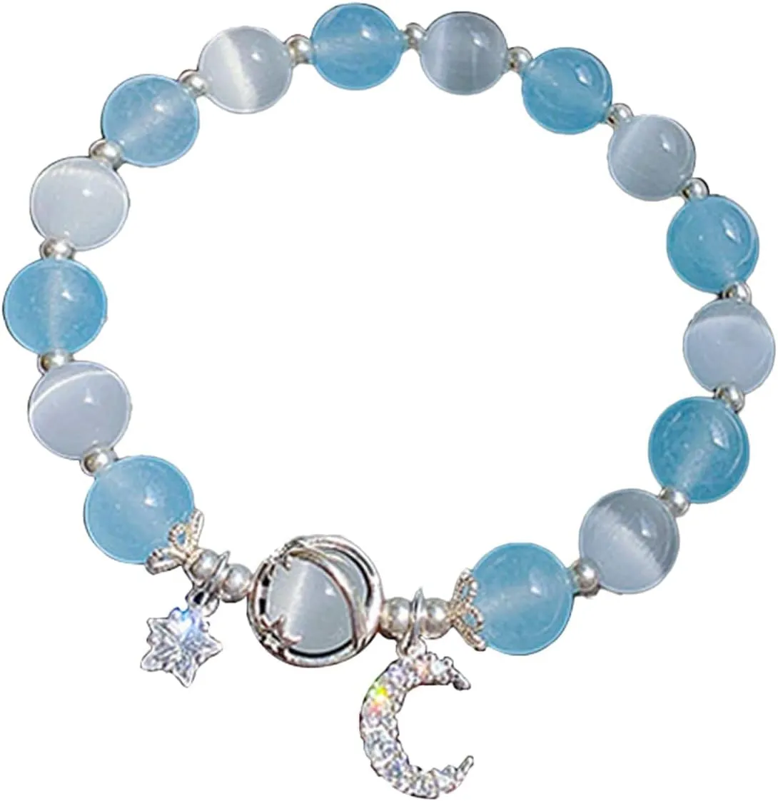 Aktully Crystal Healing Bracelets for Women Moonstone Bracelet Stars Moon Planet Bracelet Crystal Healing Beaded Bracelets Lucky Energy Chakra Beads Bracelet for Women