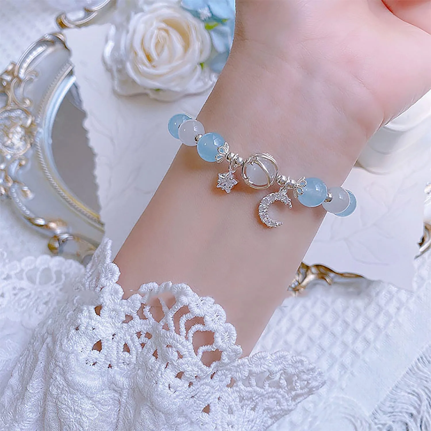 Aktully Crystal Healing Bracelets for Women Moonstone Bracelet Stars Moon Planet Bracelet Crystal Healing Beaded Bracelets Lucky Energy Chakra Beads Bracelet for Women