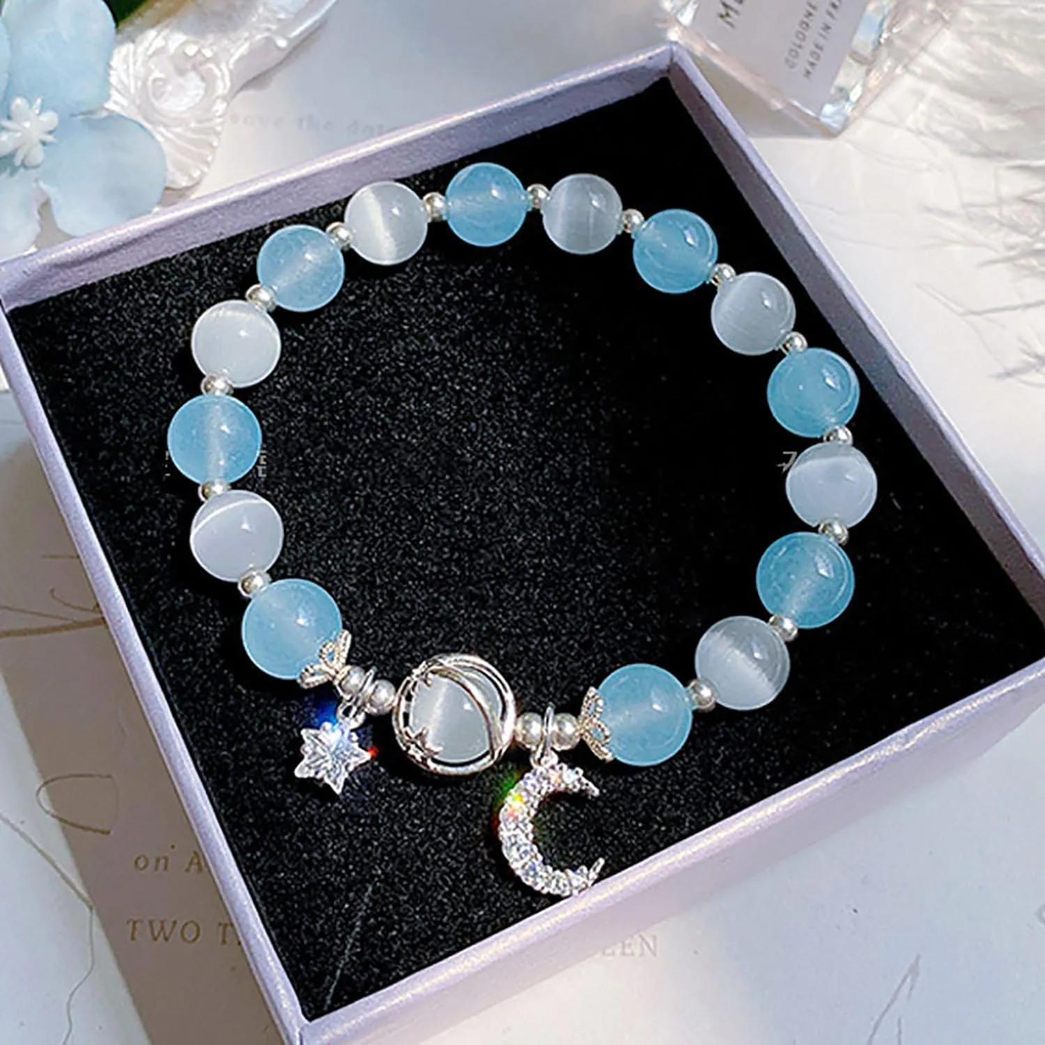 Aktully Crystal Healing Bracelets for Women Moonstone Bracelet Stars Moon Planet Bracelet Crystal Healing Beaded Bracelets Lucky Energy Chakra Beads Bracelet for Women