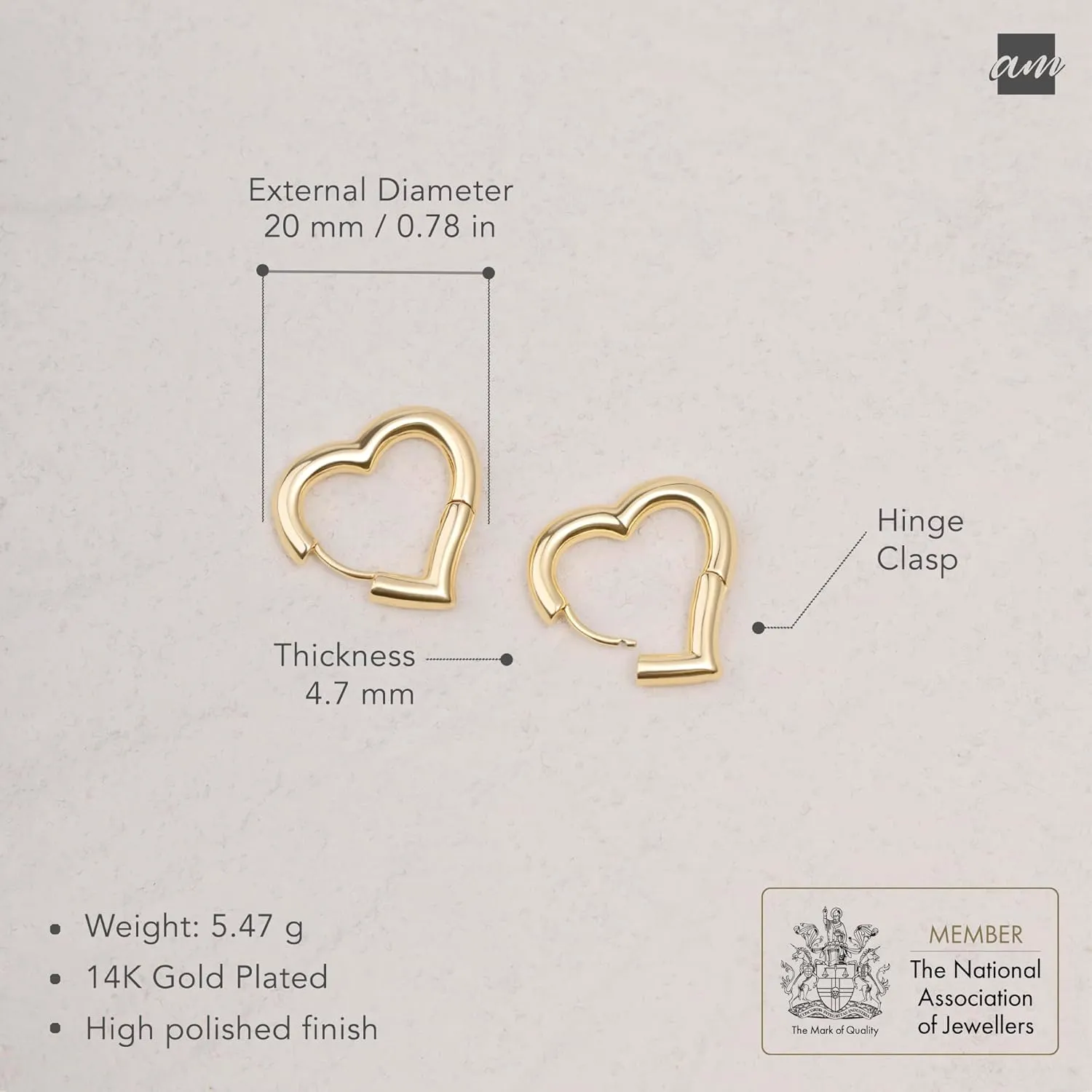 Amberta Silver Gold Plated Chunky Heart Earrings | Dupe Bold Heart Hoops for Women, Huggie Love Friendship Gift