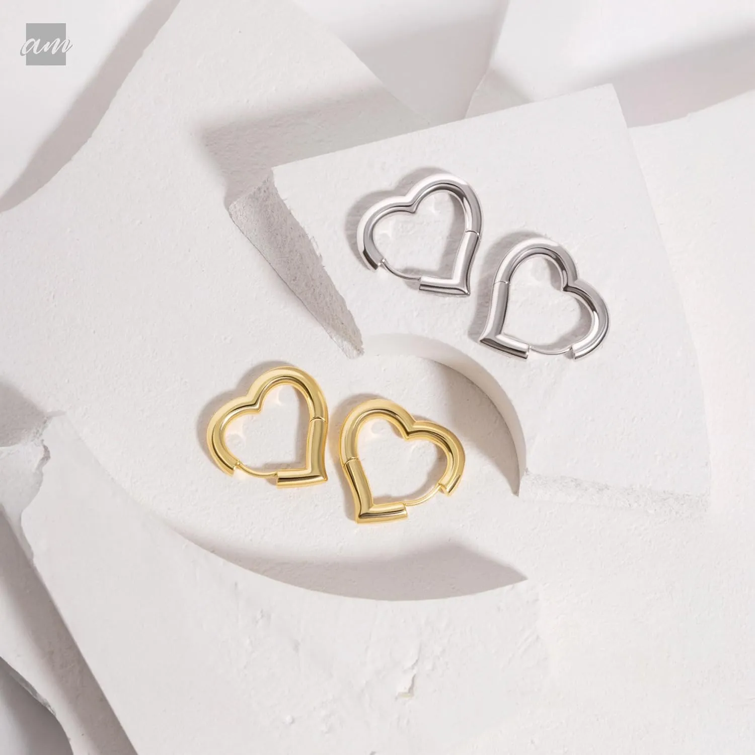 Amberta Silver Gold Plated Chunky Heart Earrings | Dupe Bold Heart Hoops for Women, Huggie Love Friendship Gift
