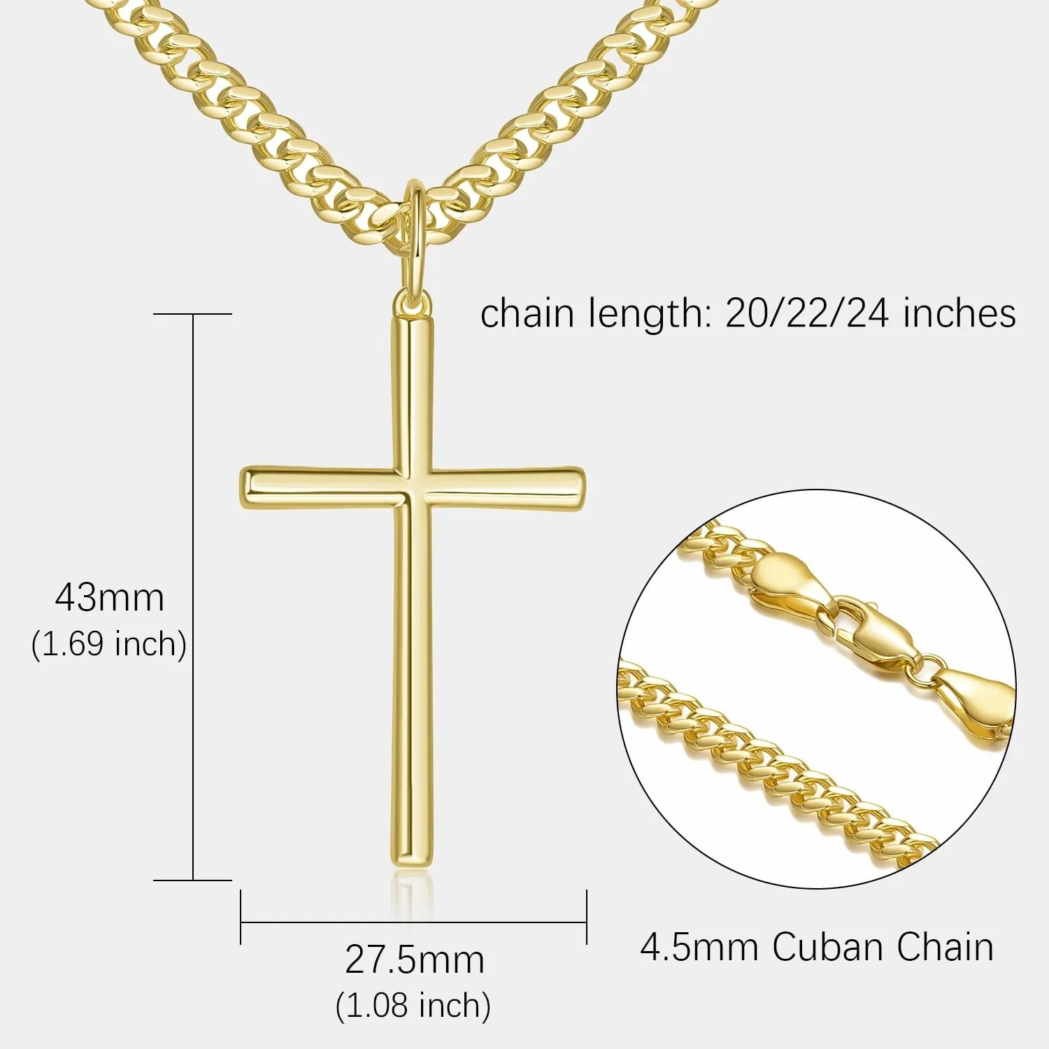AMELINE Cross Necklace 14K Gold Cross Chain for Men Cuban Link Bold in Form Dainty Gold Crosses Pendant Necklace for Men 20/22/24in