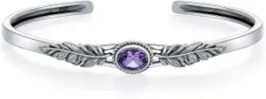 Amethyst Cuff Bracelet Silver Dainty Adjustable Oval Amethyst Feather Bangle Bracelets Bohemian Jewelry Christmas Birthday Gifts for Women
