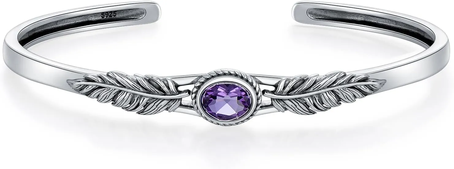 Amethyst Cuff Bracelet Silver Dainty Adjustable Oval Amethyst Feather Bangle Bracelets Bohemian Jewelry Christmas Birthday Gifts for Women