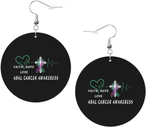Anal Cancer Awareness Faith Hope Leather Round Dangle Earrings for Women Double-Sided Design with Hook