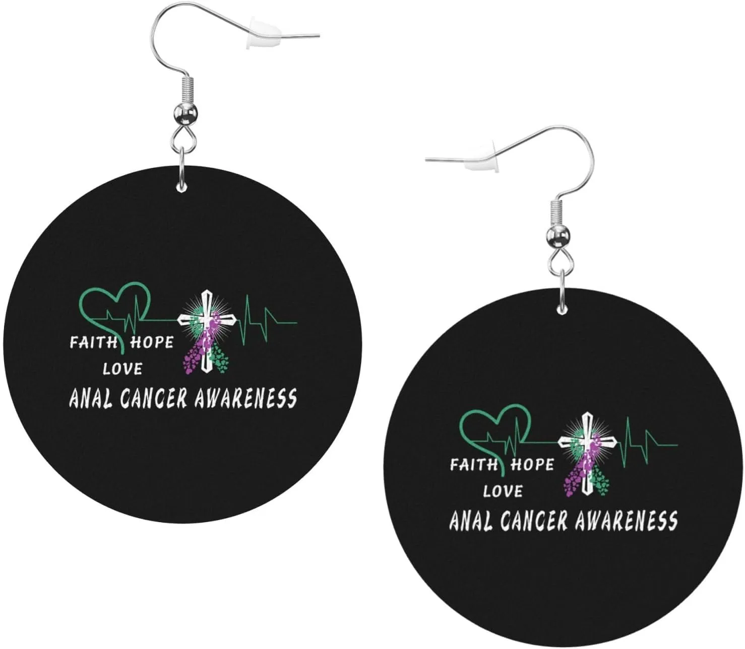 Anal Cancer Awareness Faith Hope Leather Round Dangle Earrings for Women Double-Sided Design with Hook