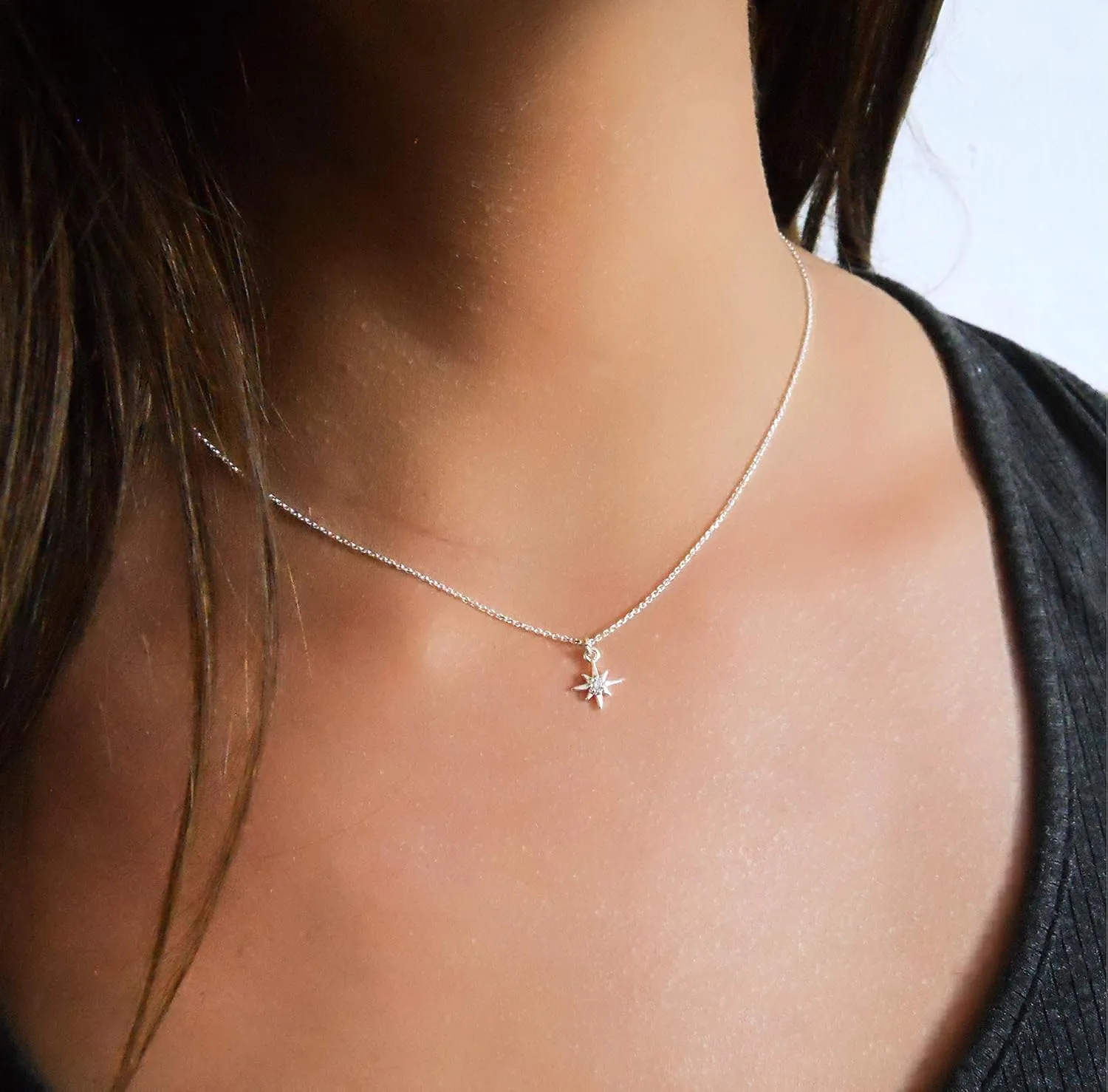Annika Bella Star Necklace, Tiny Cubic Zirconia North-Star Pendant, 925 Sterling Silver Chain, Celestial Necklaces, Womens Jewelry, Gift for Her (1pc)