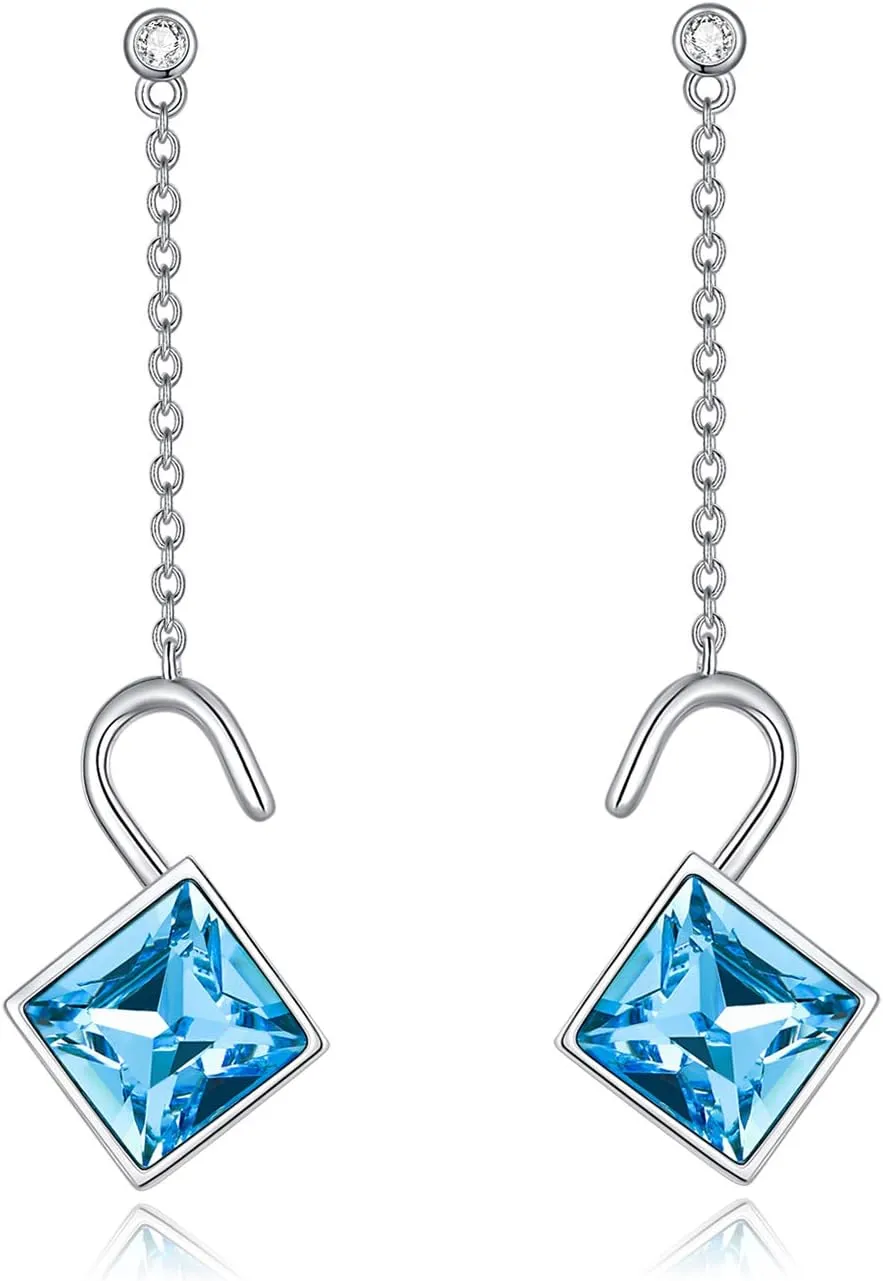 AOBOCO Heart Lock Earrings 925 Sterling Silver Padlock Dangle Earrings with Austrian Crystal Jewelry Gift for Women Her