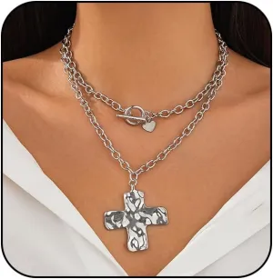 Atiptu Gold Chunky Cross Necklace for Women Statement Cross Pendant Necklace Layered Hammered Bold Cross Necklace Vintage Toggle Clasp Necklace Jewelry