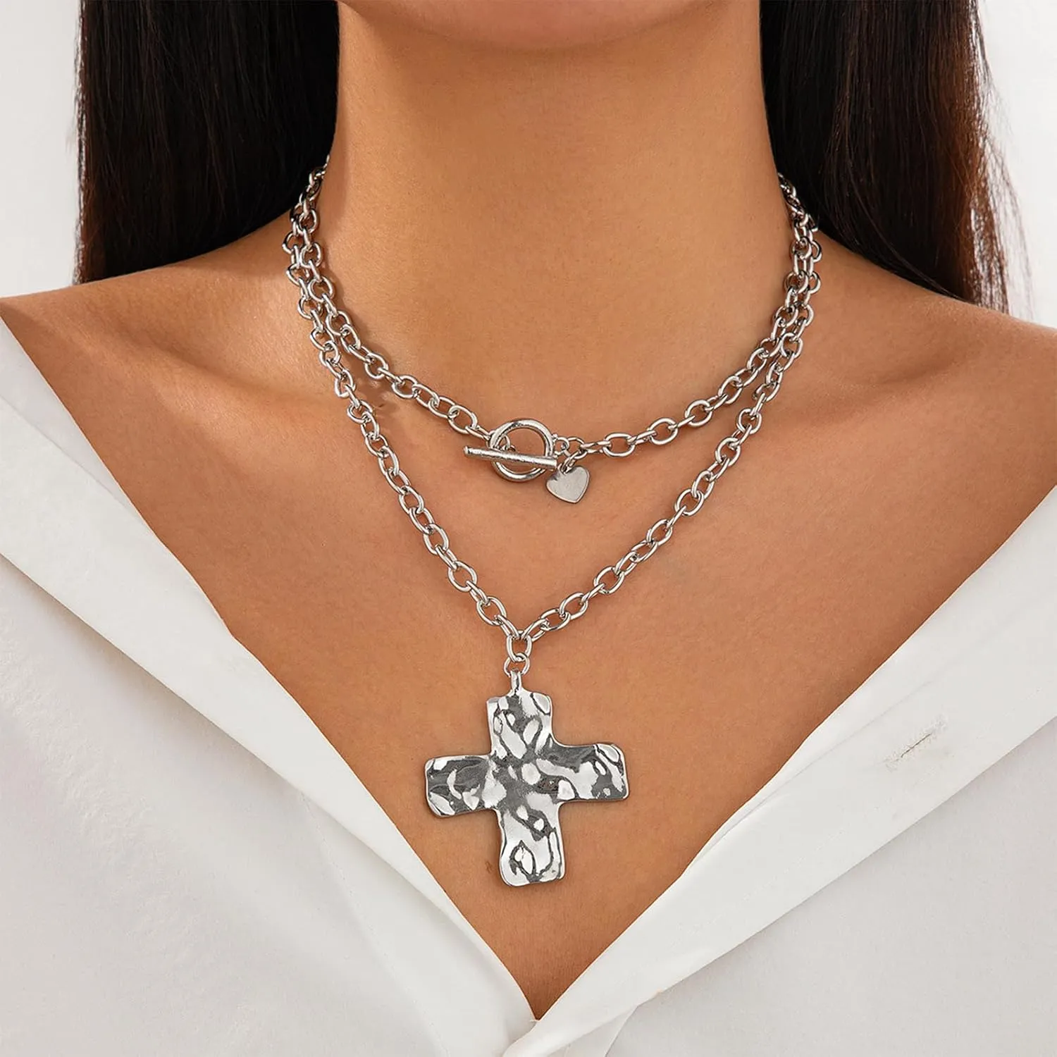 Atiptu Gold Chunky Cross Necklace for Women Statement Cross Pendant Necklace Layered Hammered Bold Cross Necklace Vintage Toggle Clasp Necklace Jewelry