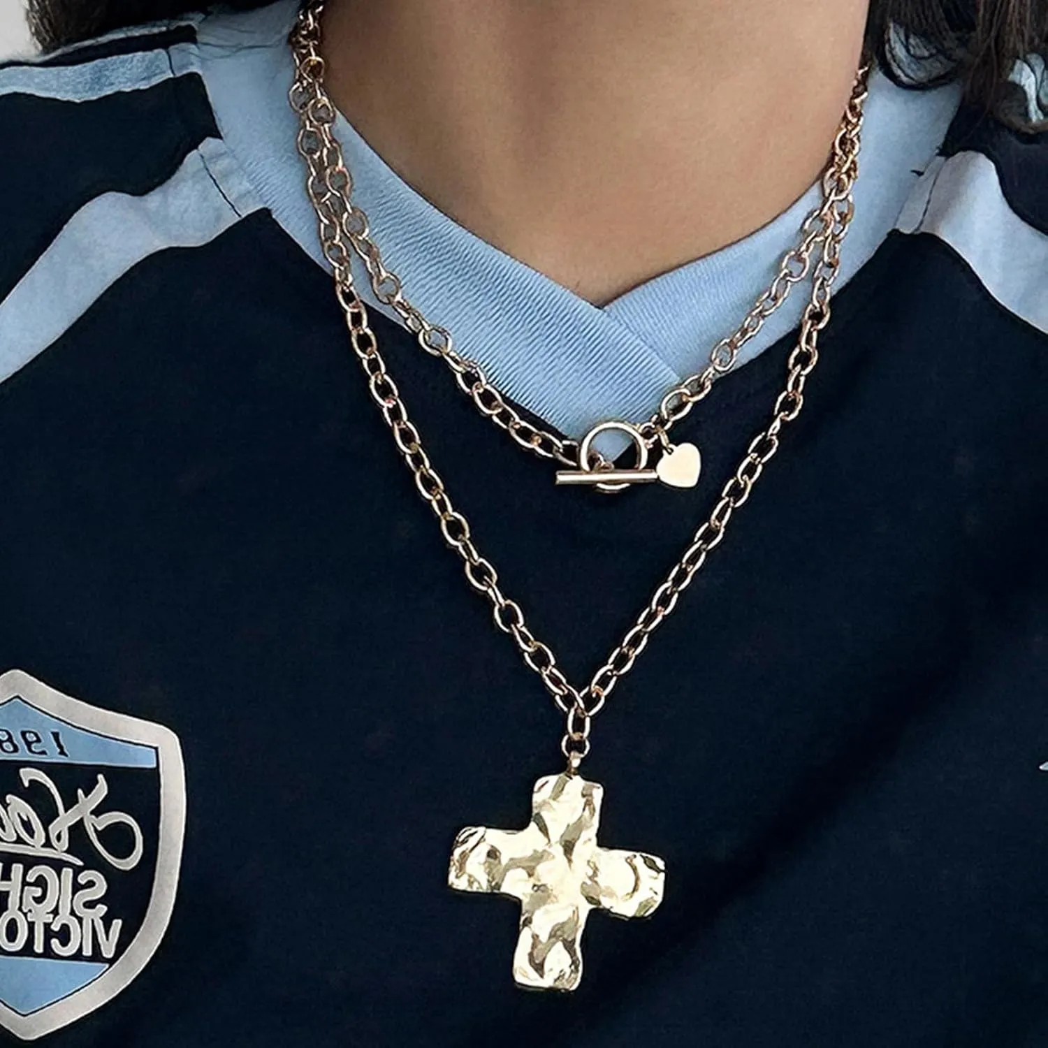 Atiptu Gold Chunky Cross Necklace for Women Statement Cross Pendant Necklace Layered Hammered Bold Cross Necklace Vintage Toggle Clasp Necklace Jewelry