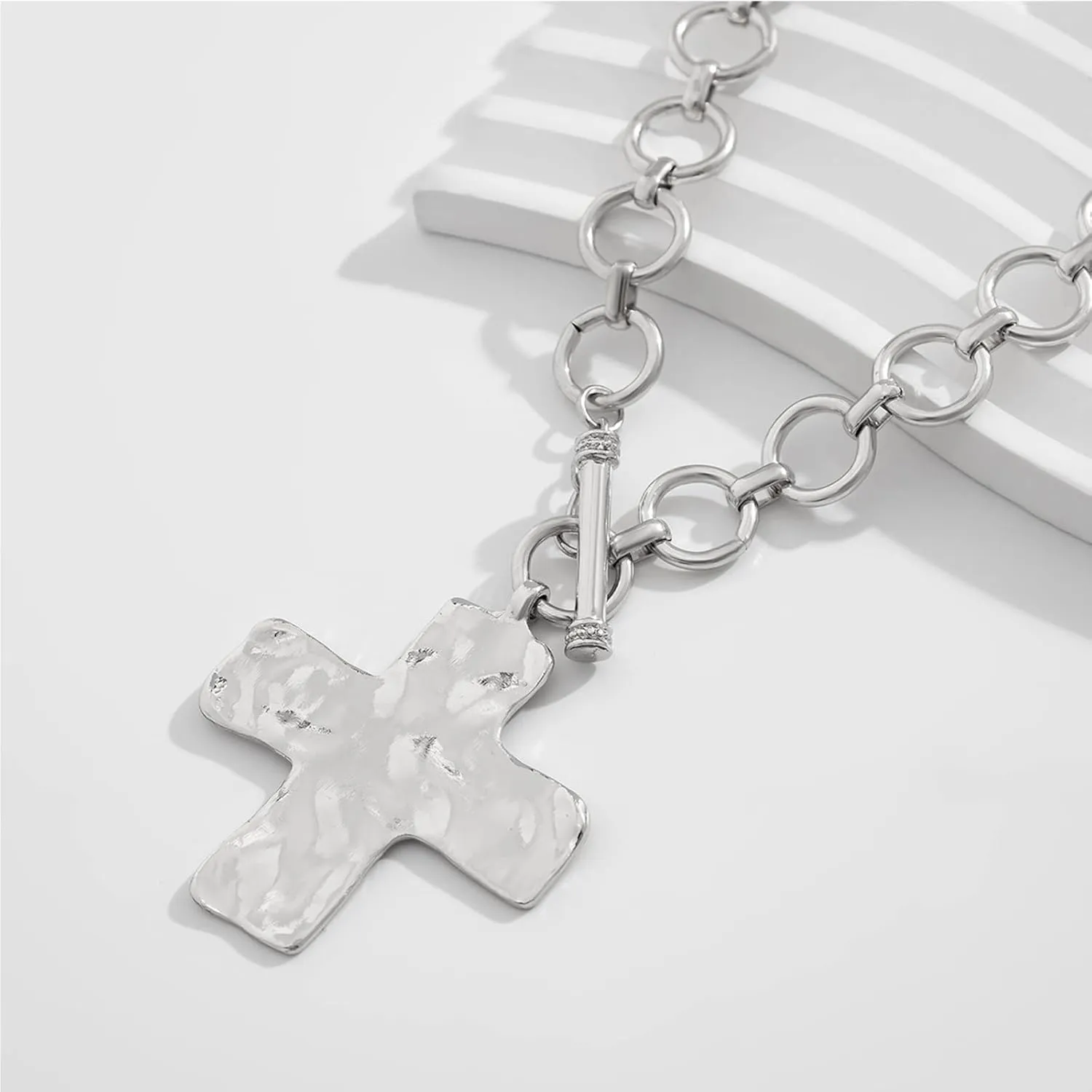 Atiptu Gold Chunky Cross Necklace for Women Statement Cross Pendant Necklace Layered Hammered Bold Cross Necklace Vintage Toggle Clasp Necklace Jewelry