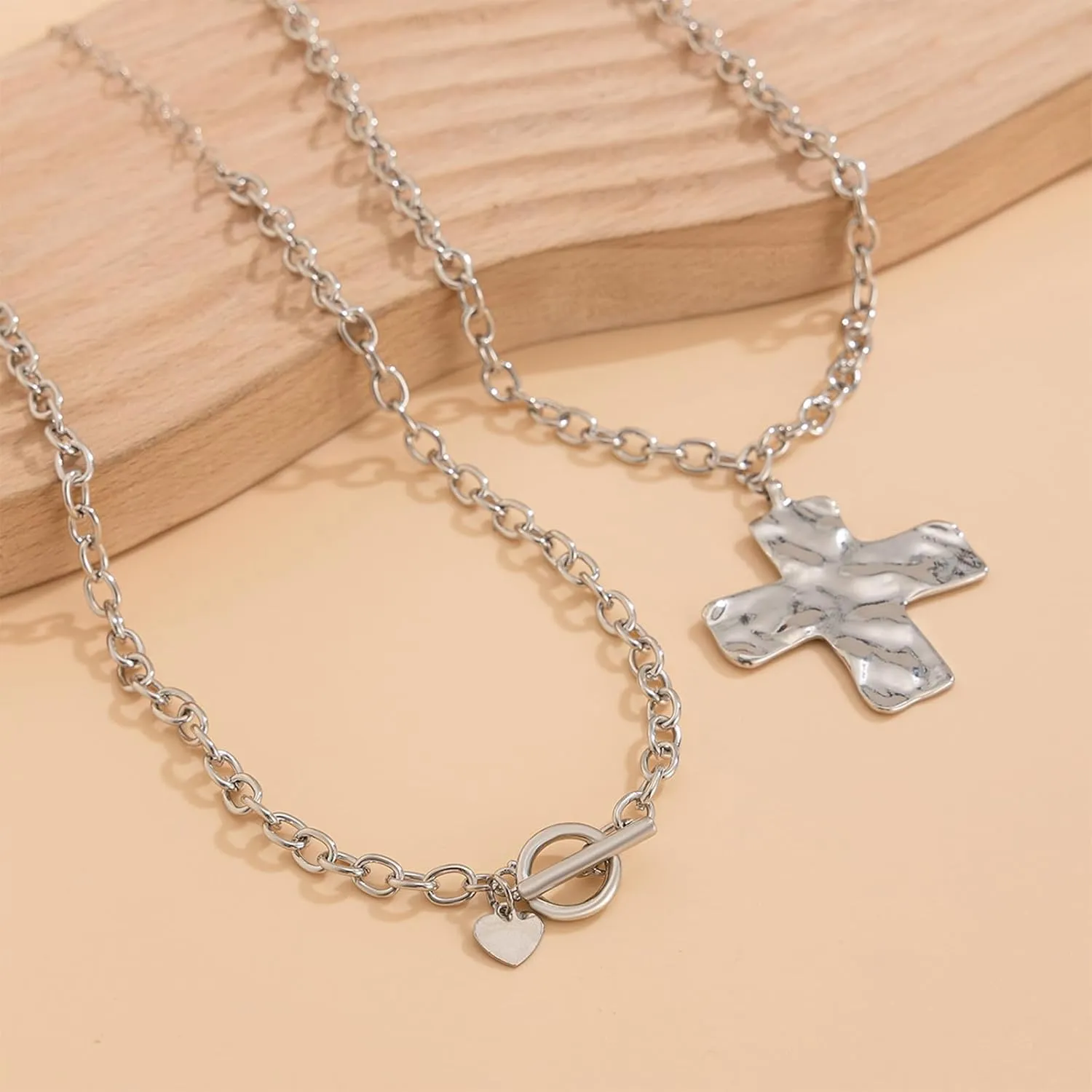 Atiptu Gold Chunky Cross Necklace for Women Statement Cross Pendant Necklace Layered Hammered Bold Cross Necklace Vintage Toggle Clasp Necklace Jewelry