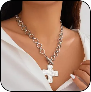 Atiptu Gold Chunky Cross Necklace for Women Statement Cross Pendant Necklace Layered Hammered Bold Cross Necklace Vintage Toggle Clasp Necklace Jewelry