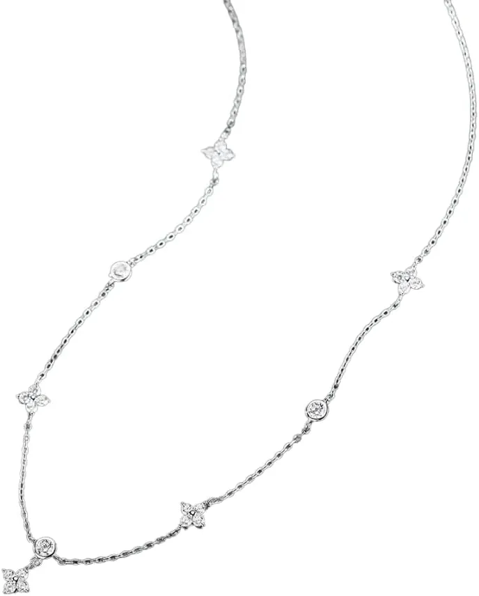 AVELI Stainless Steel Inlaid Lab Created Diamond Four-leaf Clover Blossom Flower Chain Necklace - Hypoallergenic Women's Jewelry with Simulated Diamonds and Elegant Floral Pendants